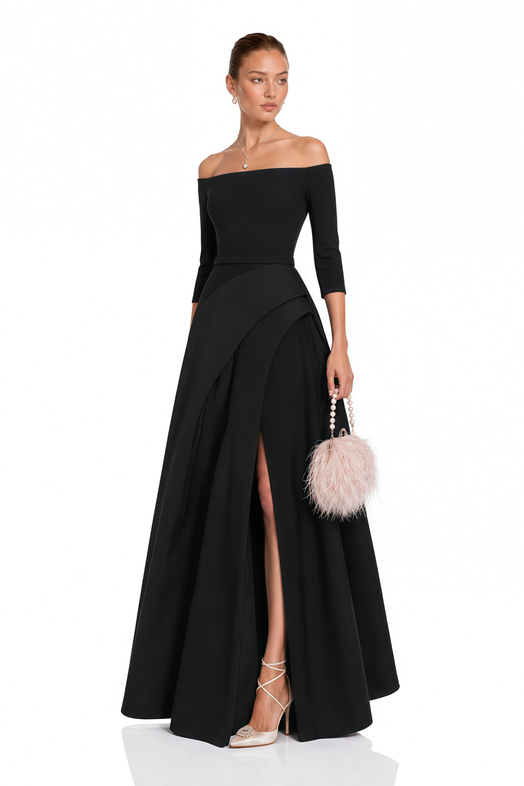 Yoliswa Black Off-Shoulder Maxi Dress with High Thigh Slit