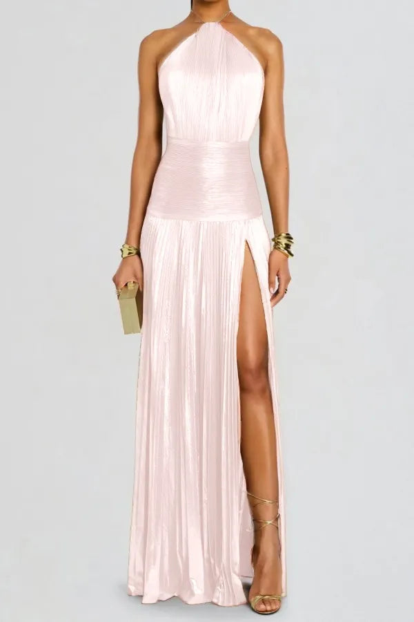 Charming Green Halter Sleeveless Backless Split Prom Dress with Pleated