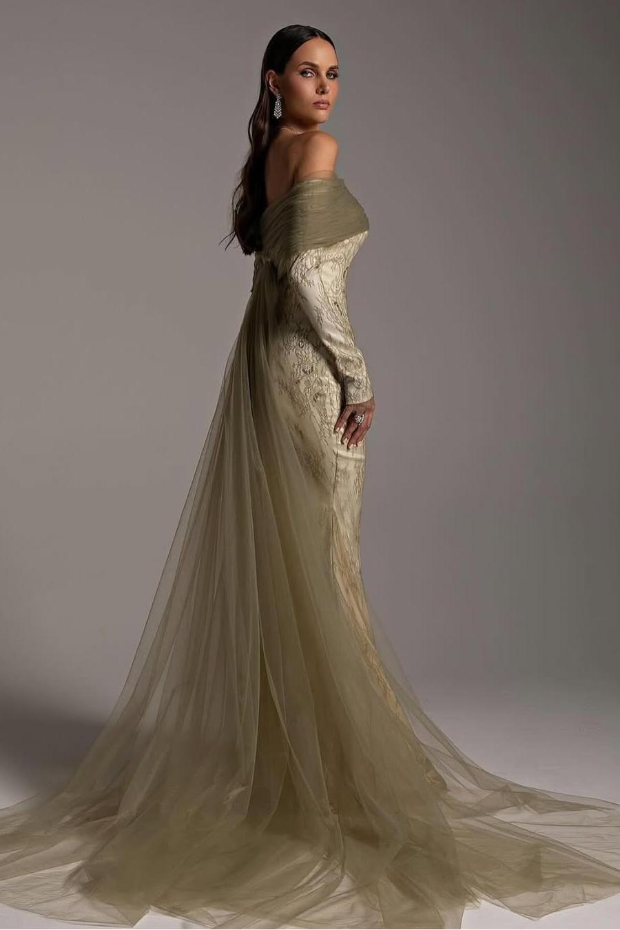 Stunning Prints Off the Shoulder Long Sleeves Mermaid Prom Dress with Pleated