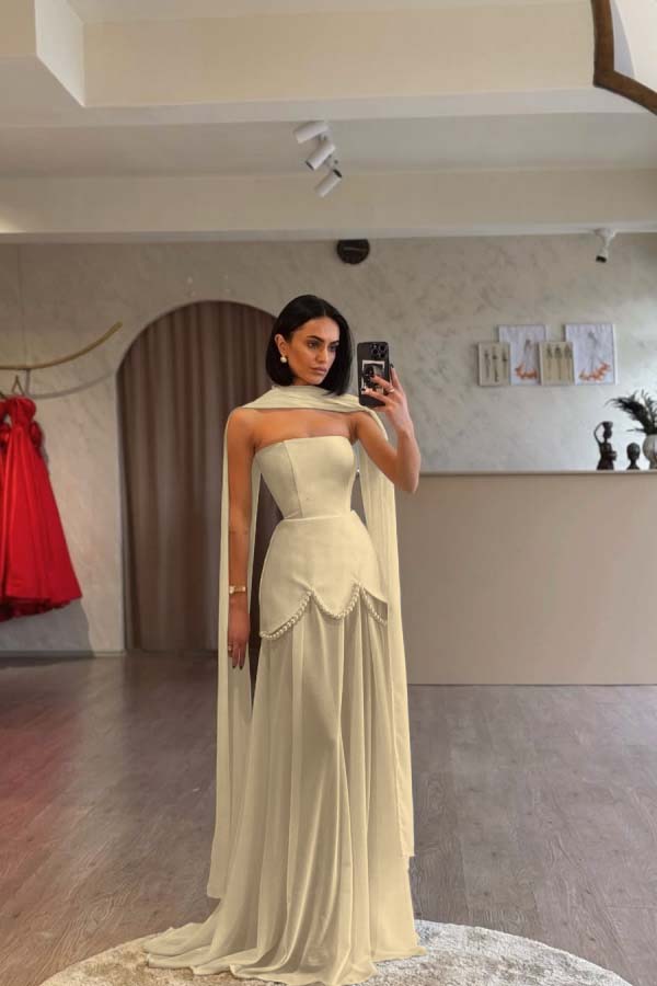 Glamorous White Satin Strapless Sleeveless Long Pleated Prom Dress with Beadings