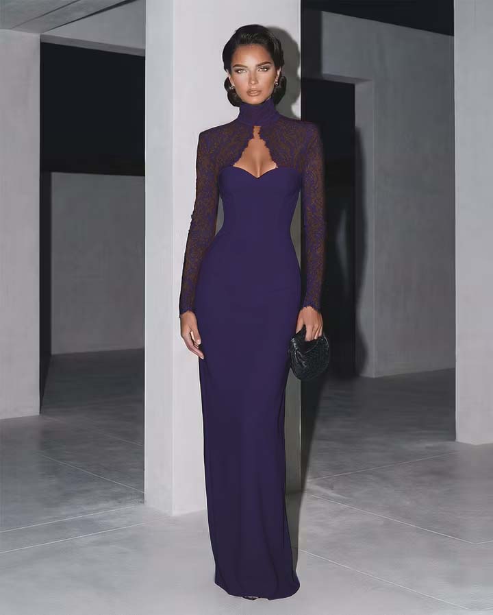Glamorous Black Lace Long Sleeves Long Prom Dress with High Neck