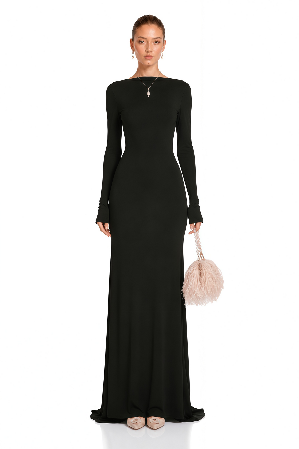 Caterina Black Open Back Maxi Gown with Train
