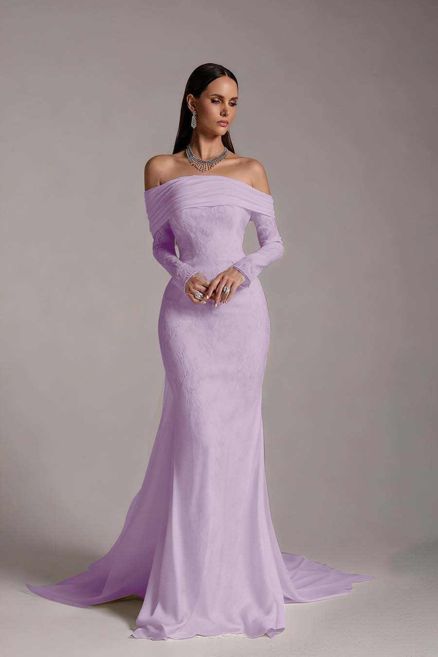 Stunning Prints Off the Shoulder Long Sleeves Mermaid Prom Dress with Pleated