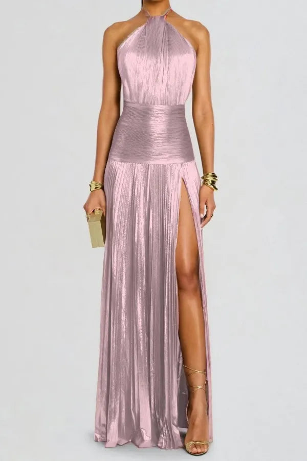 Charming Green Halter Sleeveless Backless Split Prom Dress with Pleated