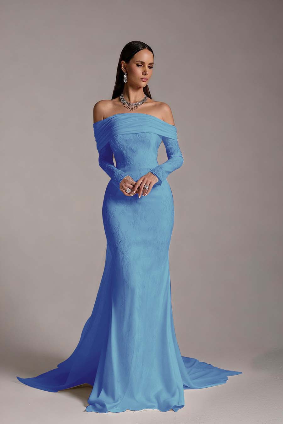 Stunning Prints Off the Shoulder Long Sleeves Mermaid Prom Dress with Pleated
