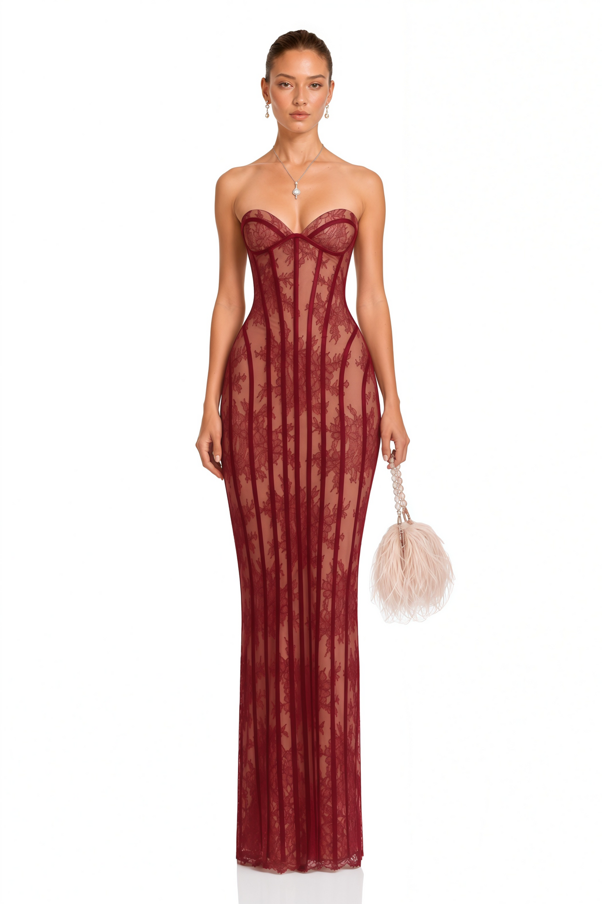 Urszula Red Floral Lace Corset Maxi Dress