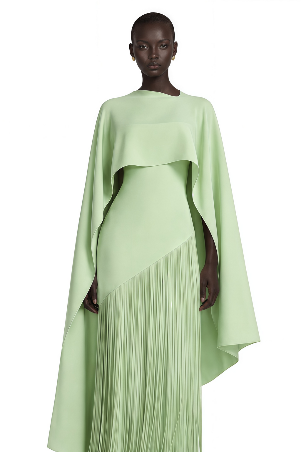 Cayetana Emerald Green Fringe Maxi Dress with Cape Effect