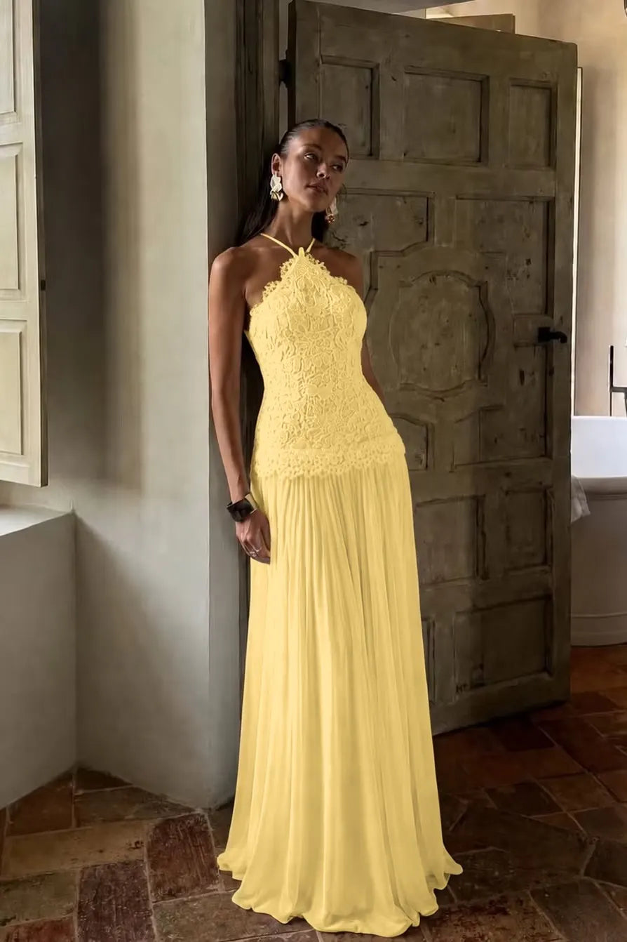 Elegant White Lace Sleeveless Halter Long Prom Dress with Pleated