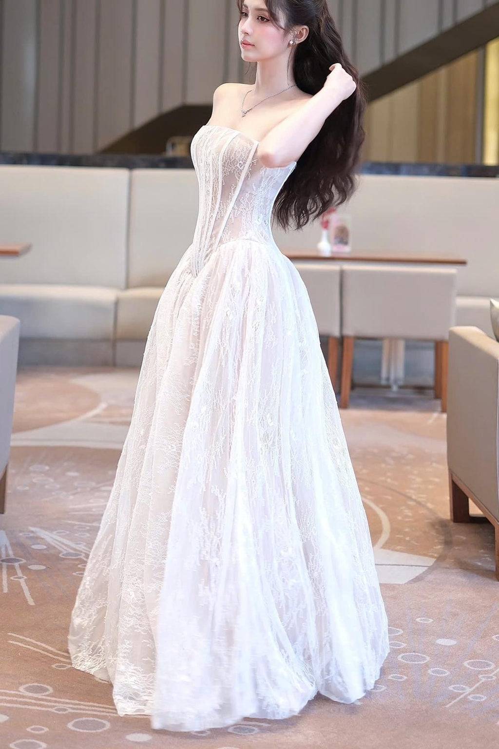 Exquisite White Lace Strapless Sleeveless A Line Prom Dress with Ruffles
