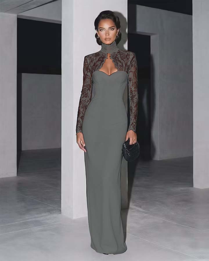 Glamorous Black Lace Long Sleeves Long Prom Dress with High Neck