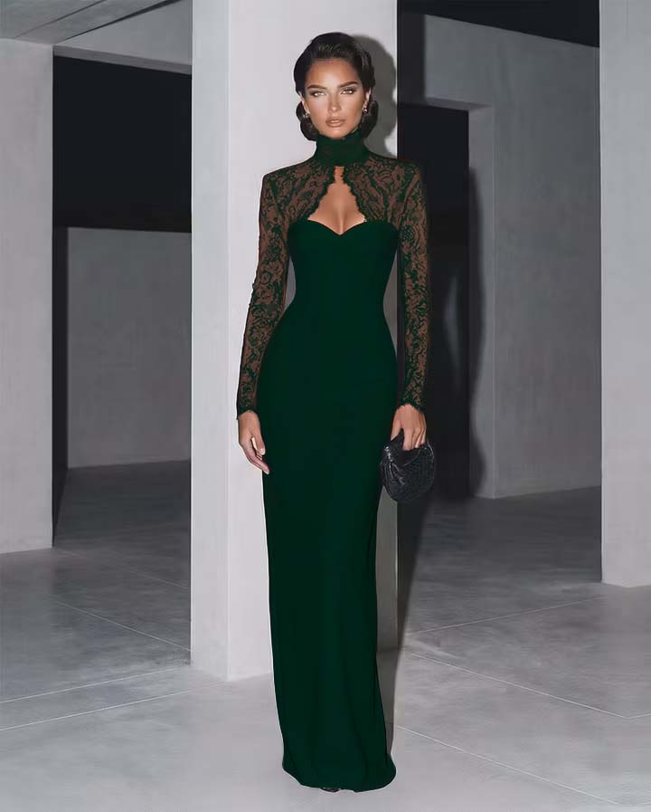 Glamorous Black Lace Long Sleeves Long Prom Dress with High Neck
