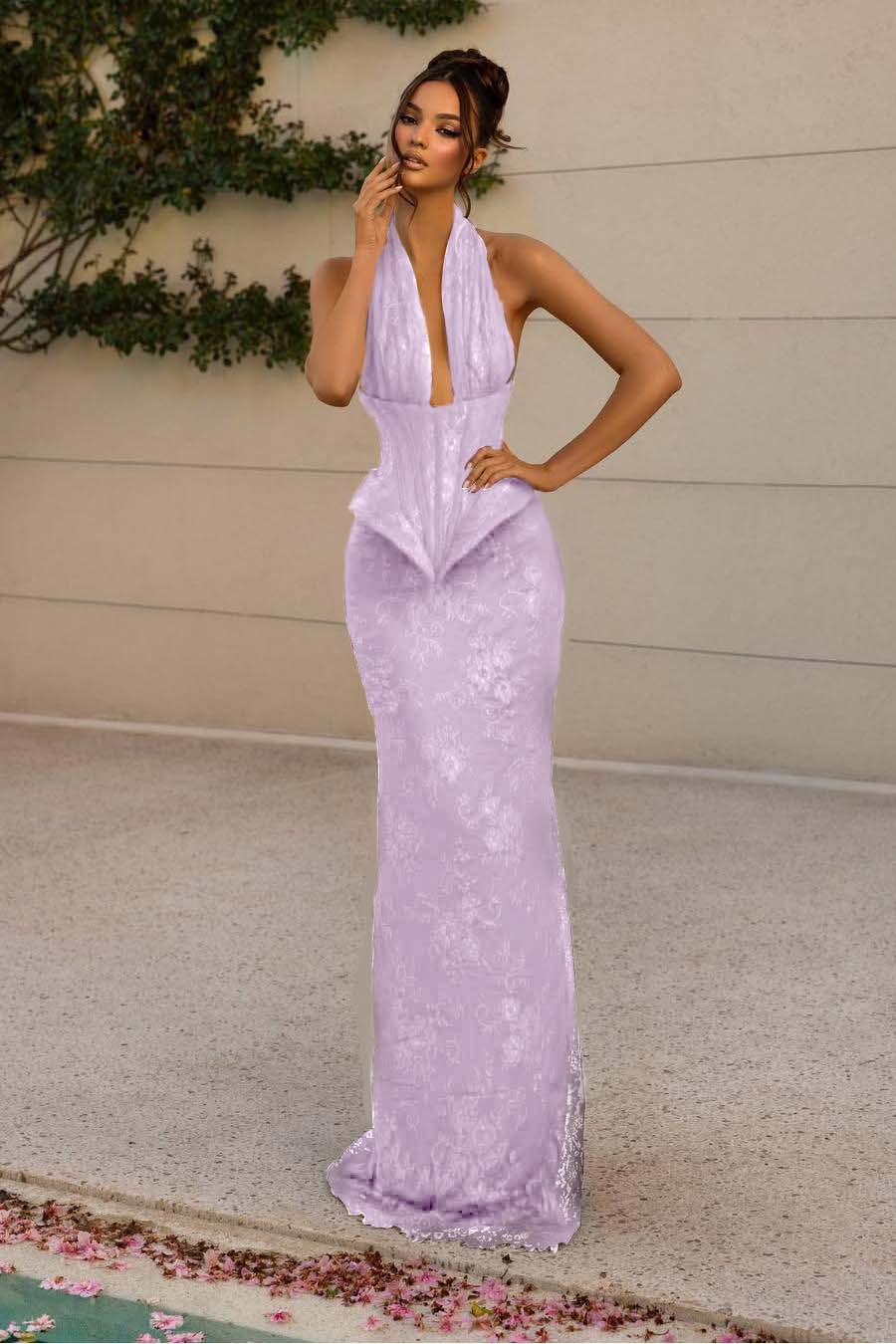 Luxurious Burgundy Halter Sleeveless Lace Slim Long Prom Dress