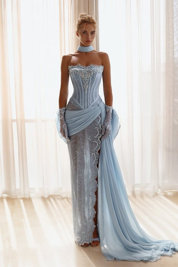 Chic Sky Blue Strapless Sleeveless Lace Split Train Prom Dress With Rhinestone