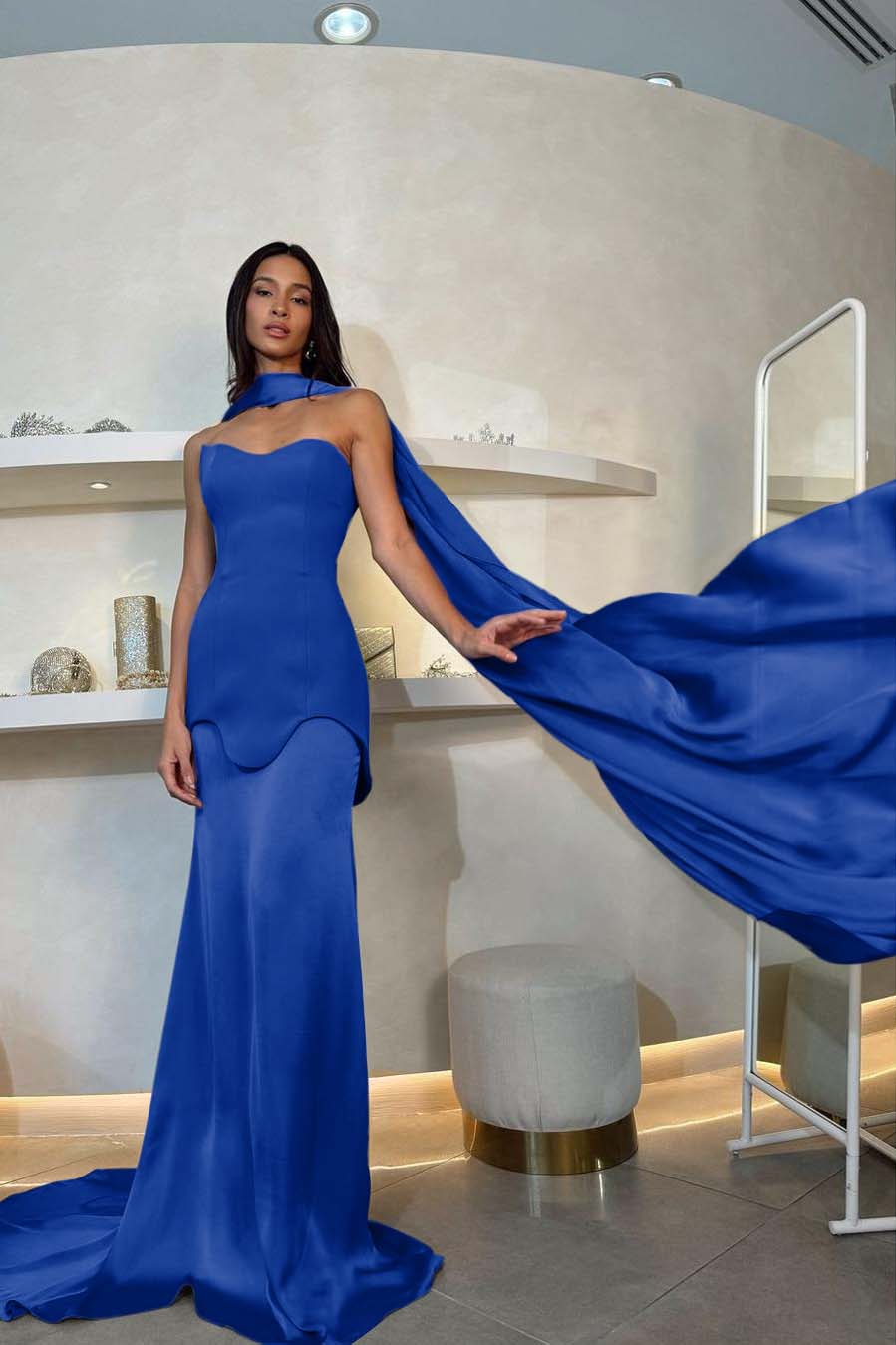 Amazing Purple Satin Strapless Sleeveless Long Slim Prom Dress with Scarf