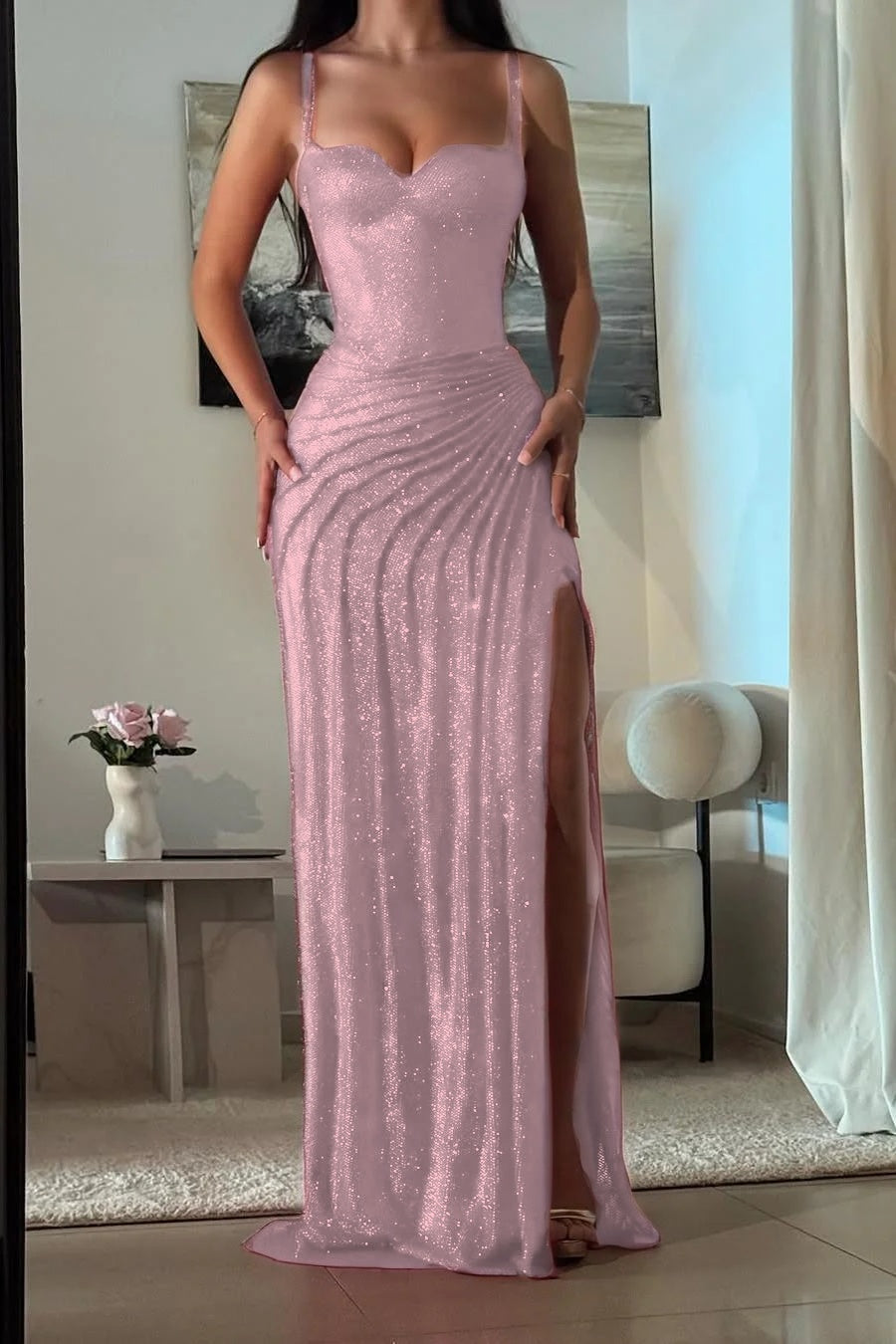 Amazing Fuchsia Sequins Spaghetti Strap Sweetheart Sleeveless Pleated Prom Dress with Split