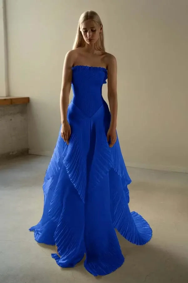 Chic Ivory Chiffon Strapless Sleeveless Slim Long Prom Dress with Ruffles