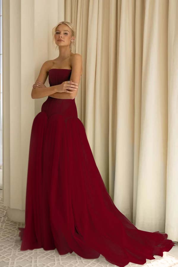 Sexy Sage Tulle Strapless Sleeveless Long Prom Dress with Pleated
