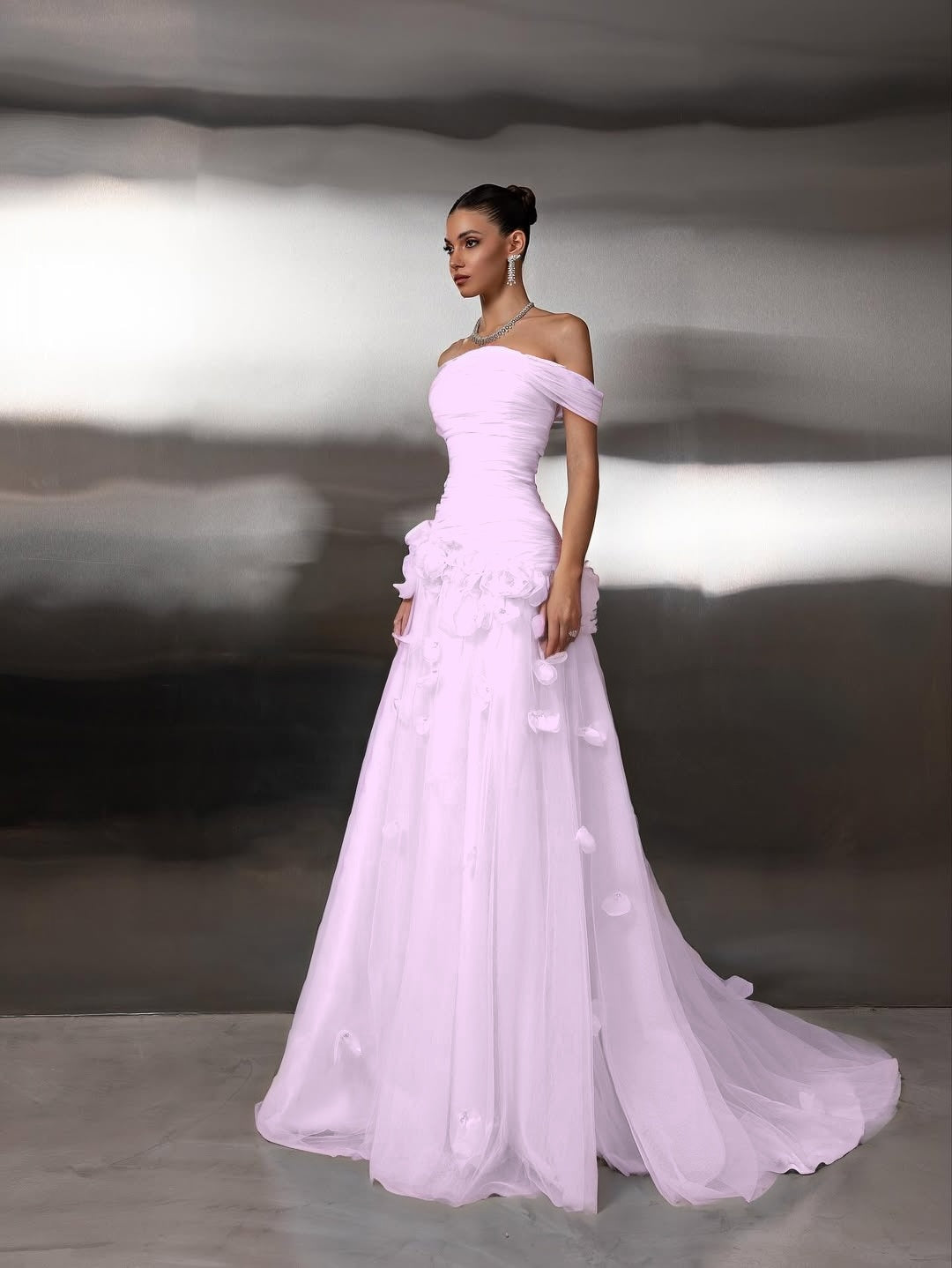 Chic Blue Tulle Off the Shoulder Floral Prom Dress with Pleated