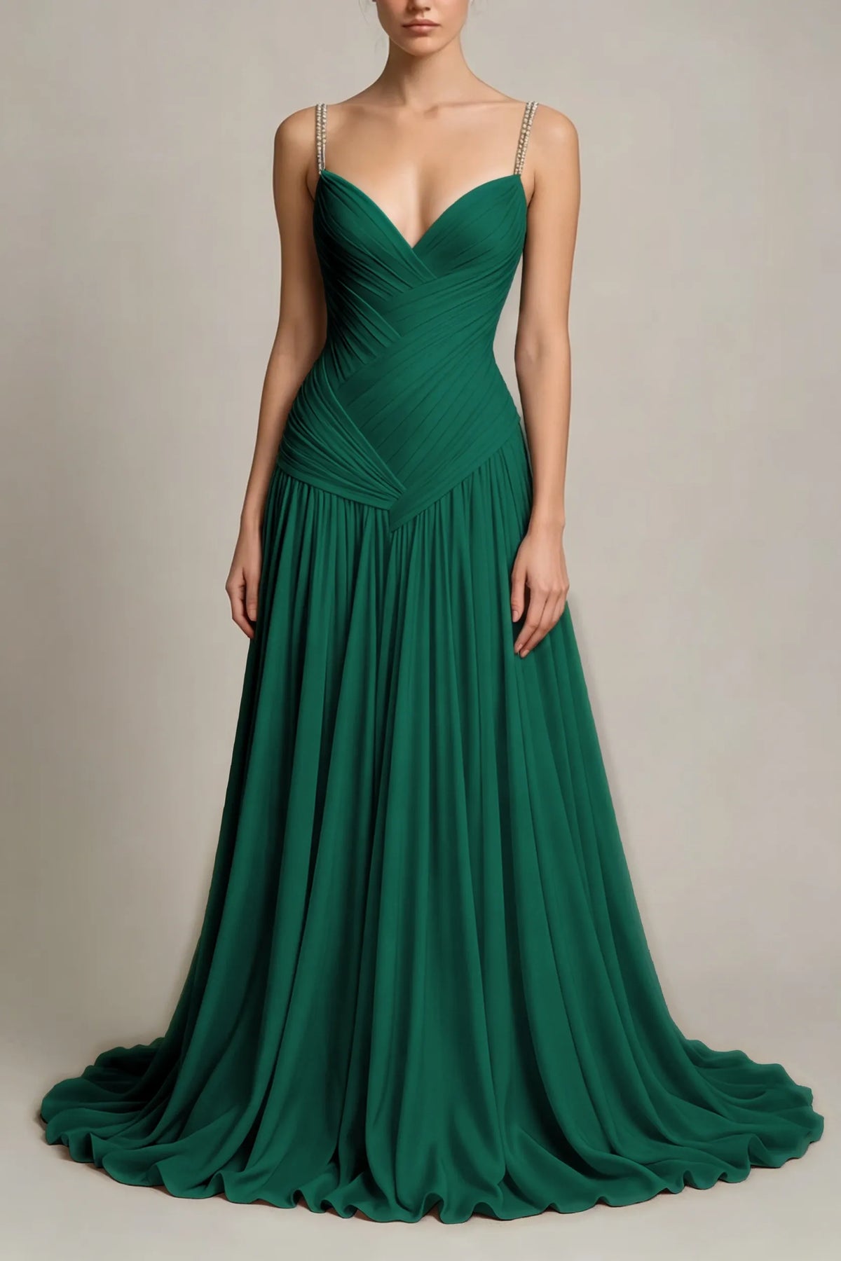 Charming Dusty Blue Sleeveless Spaghetti Strap Long Prom Dress with V Neck