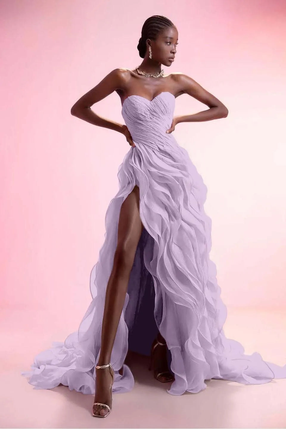 Stunning Pink Strapless Sleeveless Ruffles Pleated Split Prom Dress