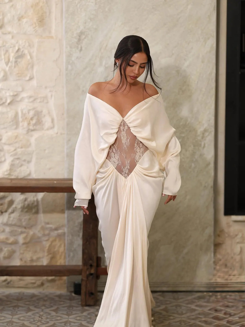 Stunning White Satin Long Sleeves V Neck Long Prom Dress with Pleated