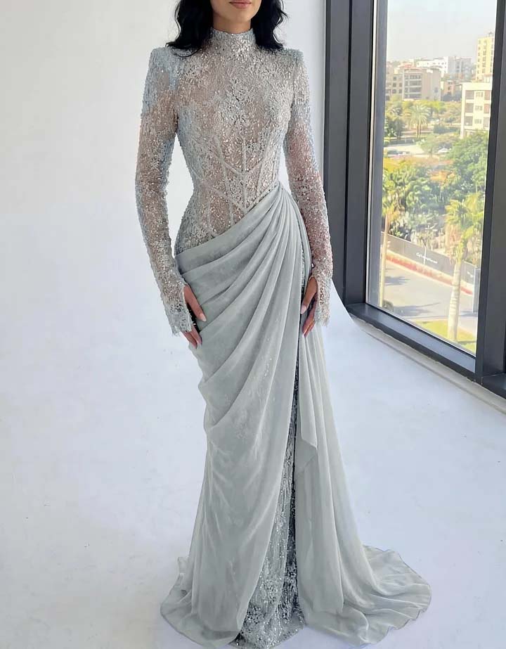 Chic High Neck Long Sleeves Beaded Applique Pleated Prom Dress with Train