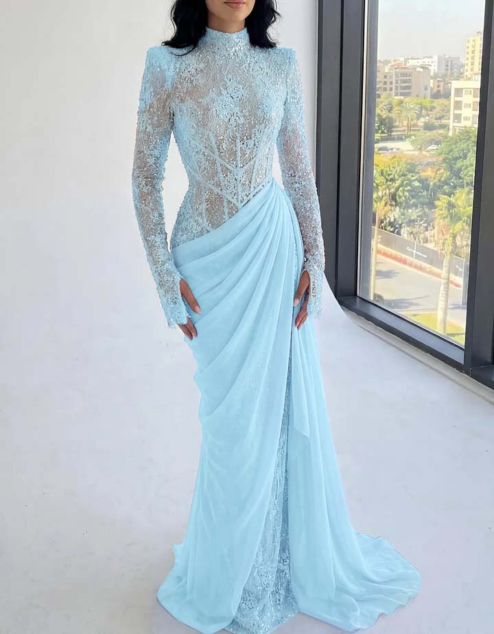Chic High Neck Long Sleeves Beaded Applique Pleated Prom Dress with Train