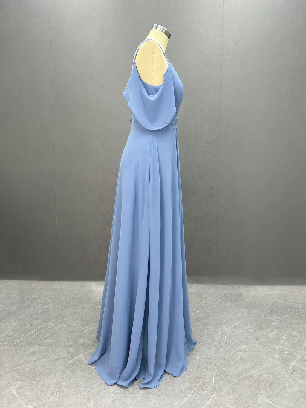 Simple Chiffon Spaghetti Strap Off the Shoulder Bridesmaid Dress with Split
