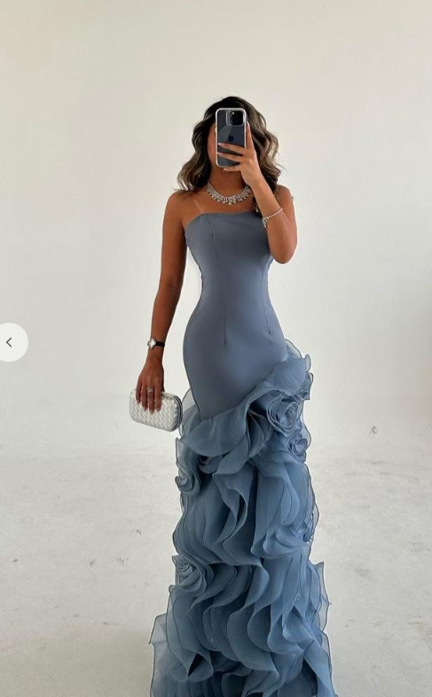 Amazing Dusty Blue Sleeveless Strapless Long Prom Dress with Ruffles