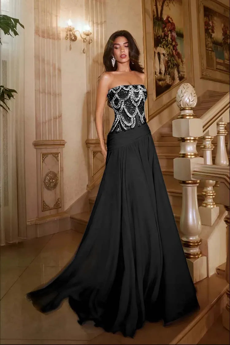 Exquisite DarkNavy Chiffon Sleeveless Strapless Prom Dress with Sequins