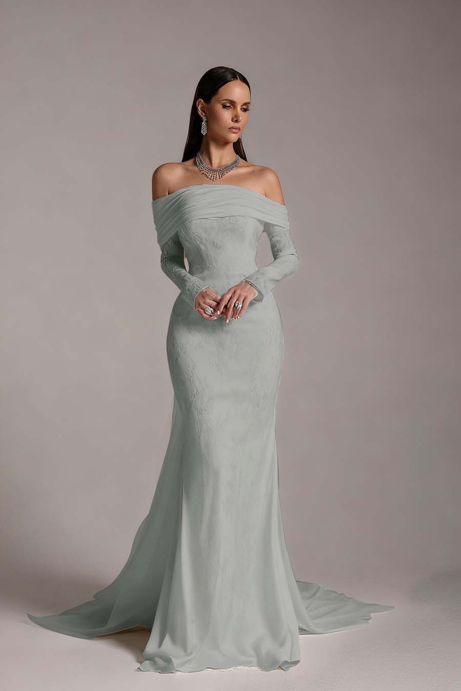 Stunning Prints Off the Shoulder Long Sleeves Mermaid Prom Dress with Pleated