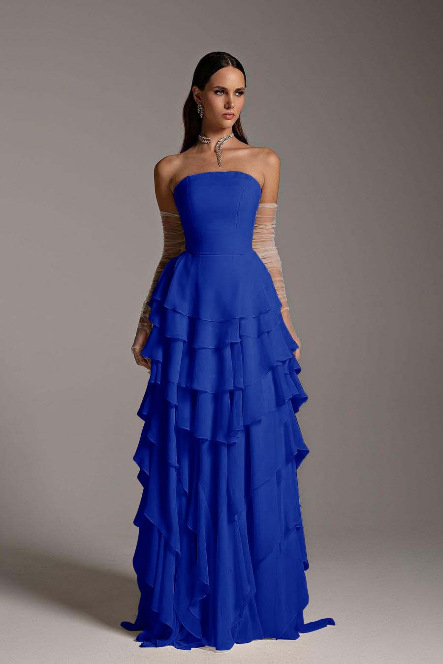 Charming Daffodil Chiffon Sleeveless Strapless Long Cake Prom Dress with Gloves