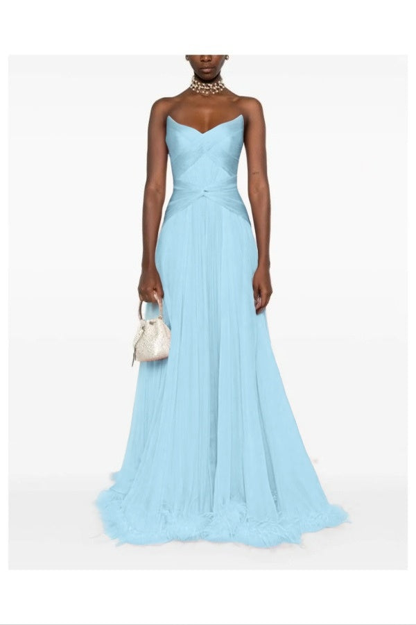 Chic Pink Sweetheart Sleeveless Pleated Prom Dress with Feather