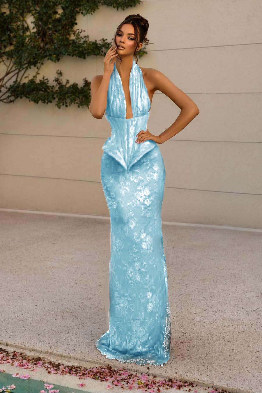 Luxurious Burgundy Halter Sleeveless Lace Slim Long Prom Dress