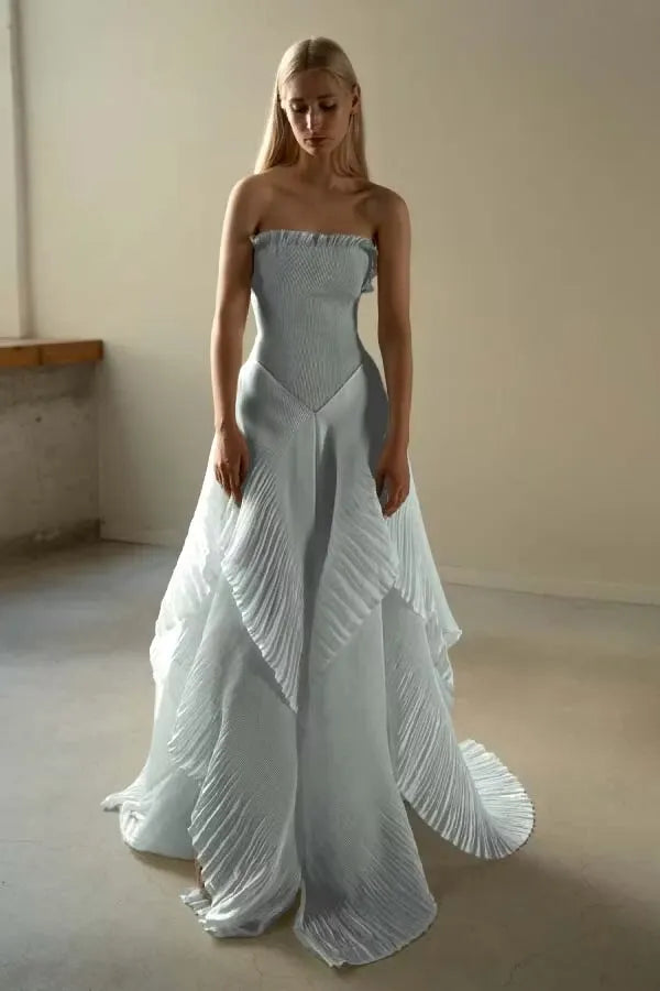 Chic Ivory Chiffon Strapless Sleeveless Slim Long Prom Dress with Ruffles