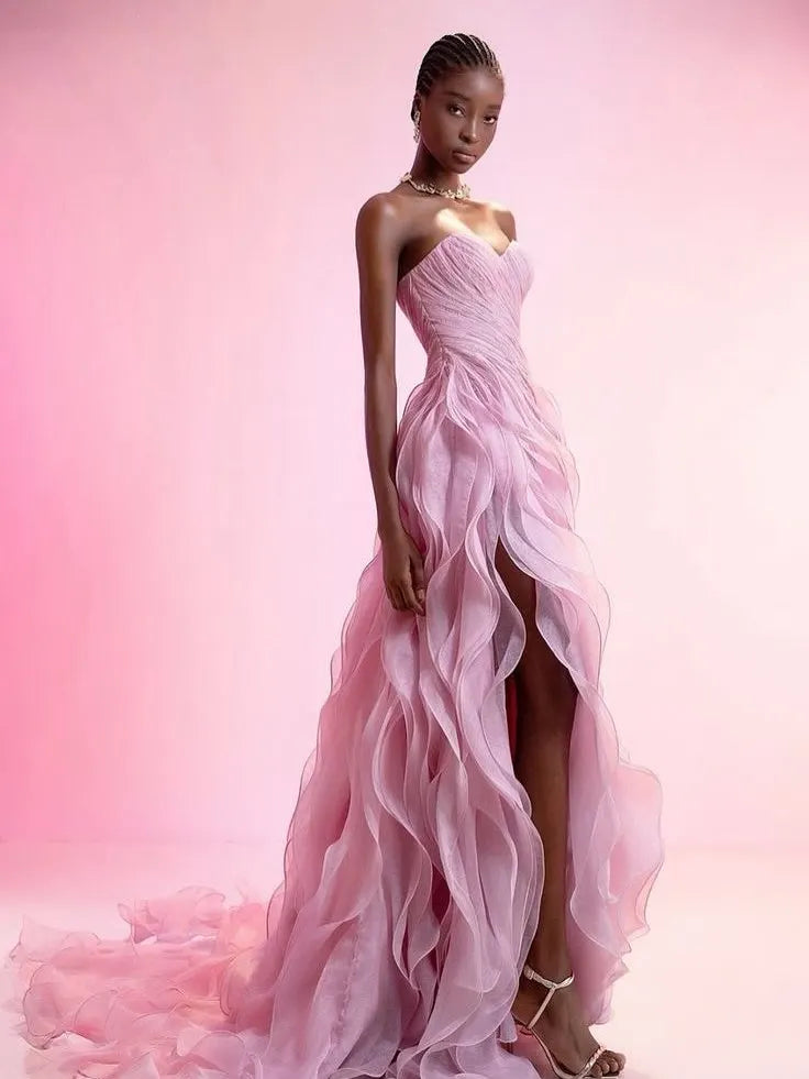 Stunning Pink Strapless Sleeveless Ruffles Pleated Split Prom Dress