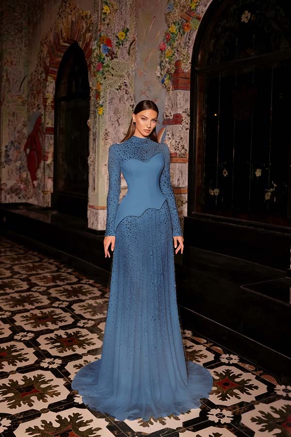 Stunning Ink Blue High Neck Long Sleeves Rhinestone Sweep Prom Dress