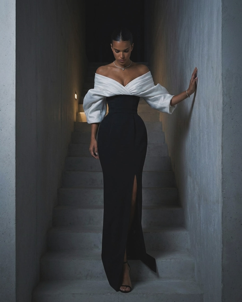 Charming  Long Sleeves Black And White Off-The-Shoulder Split Long Prom Dress