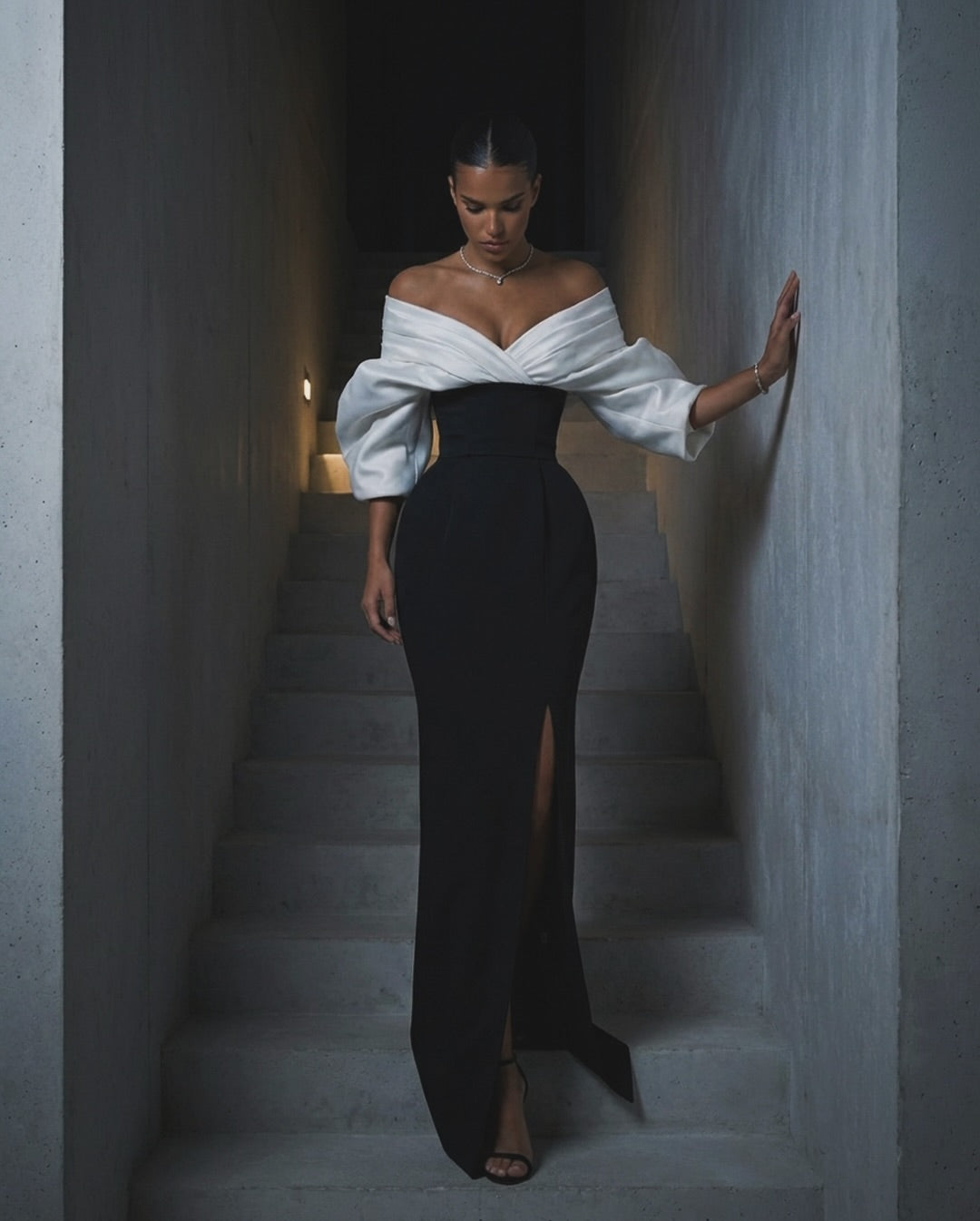Charming  Long Sleeves Black And White Off-The-Shoulder Split Long Prom Dress