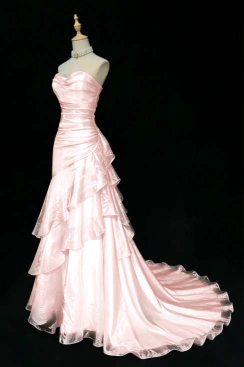 Stunning Beige Sleeveless Strapless Train Long Prom Dress with Ruffles