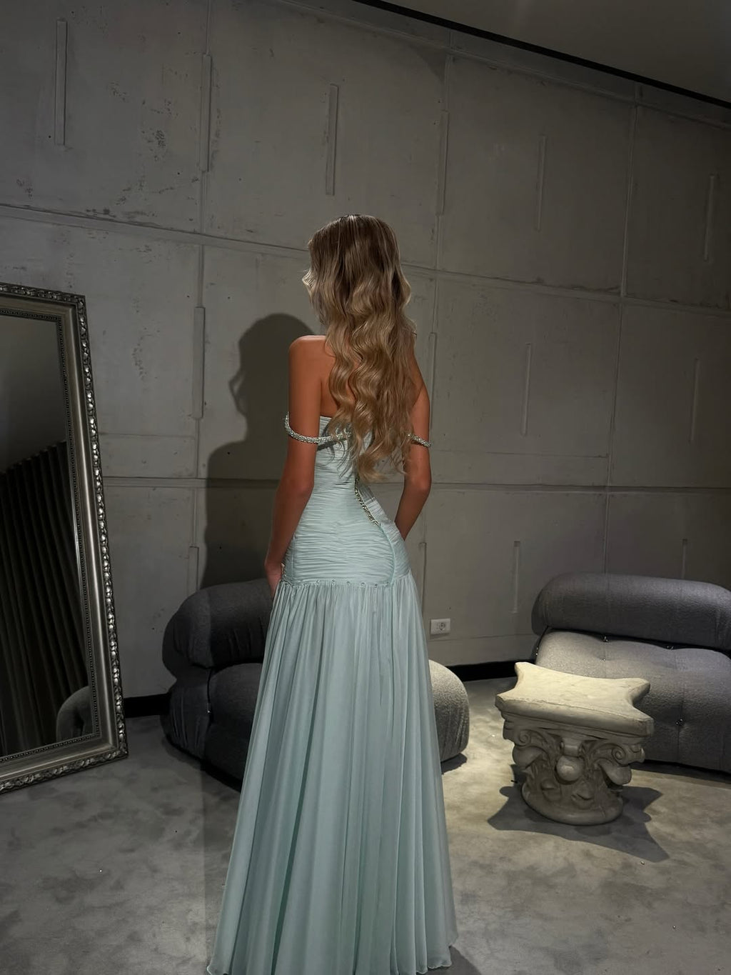 Stunning Blue Spaghetti Strap Off the Shoulder Prom Dress Pleated with Sequins
