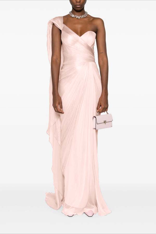 Charming Pink One Shoulder Sleeveless Pleated Prom Dress with Train