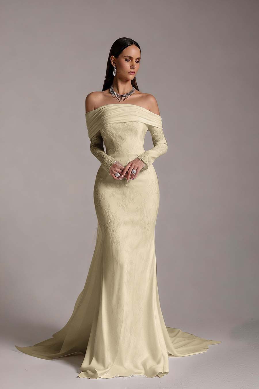 Stunning Prints Off the Shoulder Long Sleeves Mermaid Prom Dress with Pleated