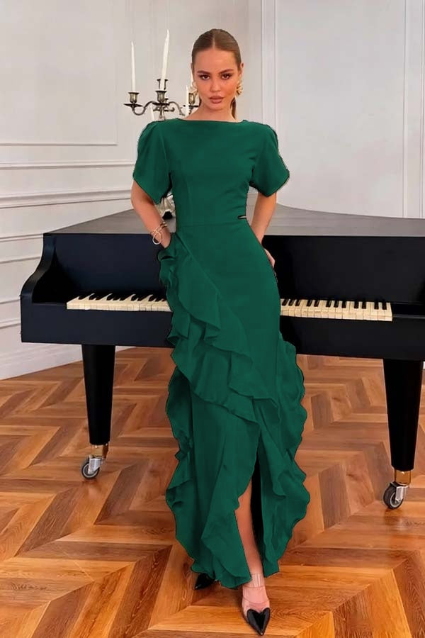 Charming Black Jewel Neck Short Sleeves Ruffles Prom Dress with Split