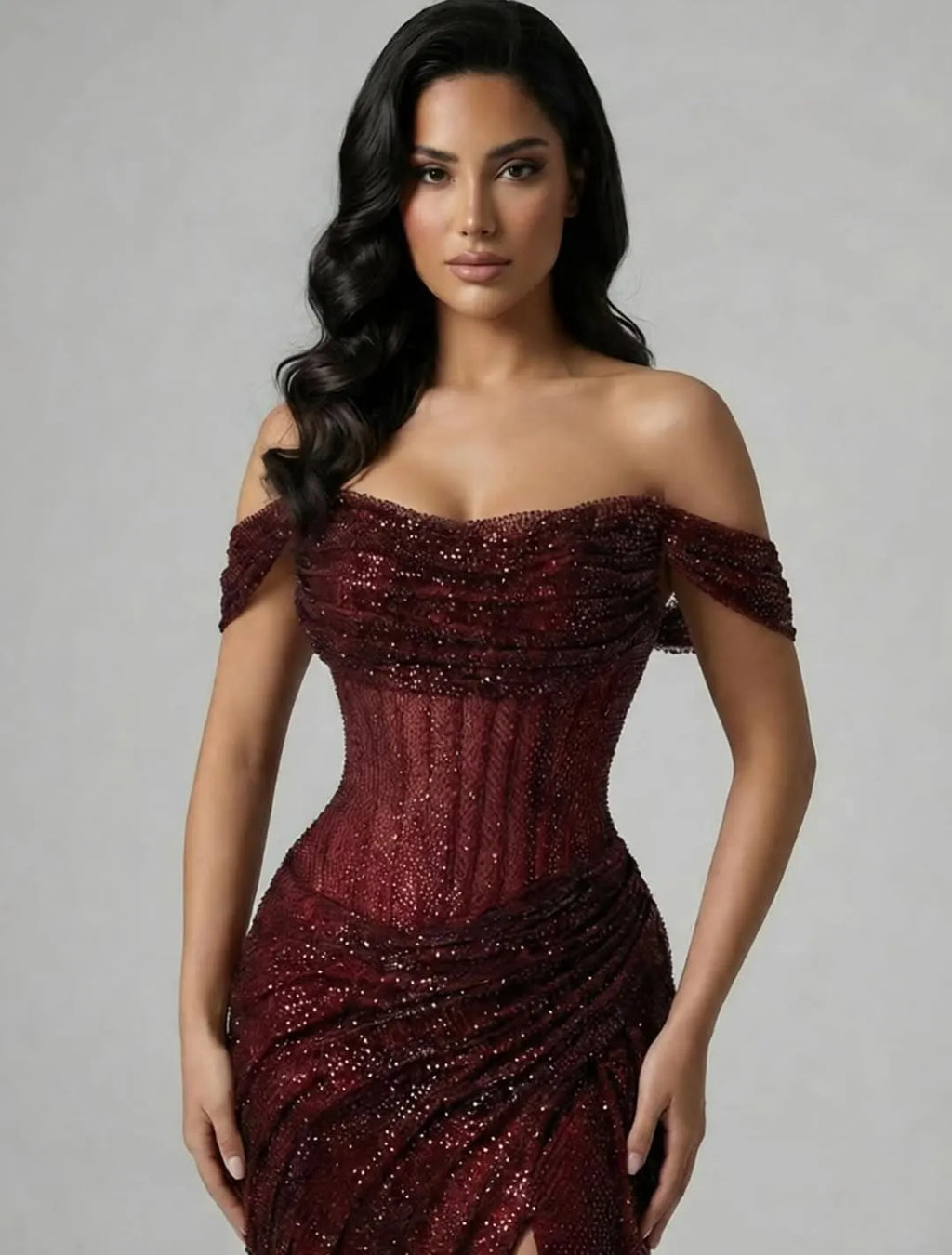 Charming Burgundy Off-The-Shoulder Pleated Prom Dress With Split