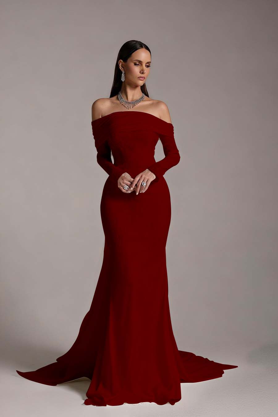 Stunning Prints Off the Shoulder Long Sleeves Mermaid Prom Dress with Pleated