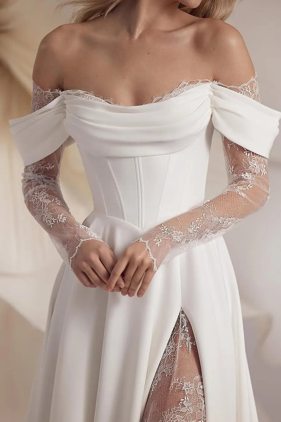Stunning White Satin Off the Shoulder Long Sleeves Split Wedding Dress with Lace
