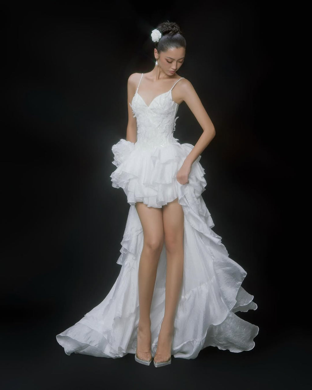 Stunning White Sleeveless Spaghetti Strap V Neck Long Prom Dress with Ruffles