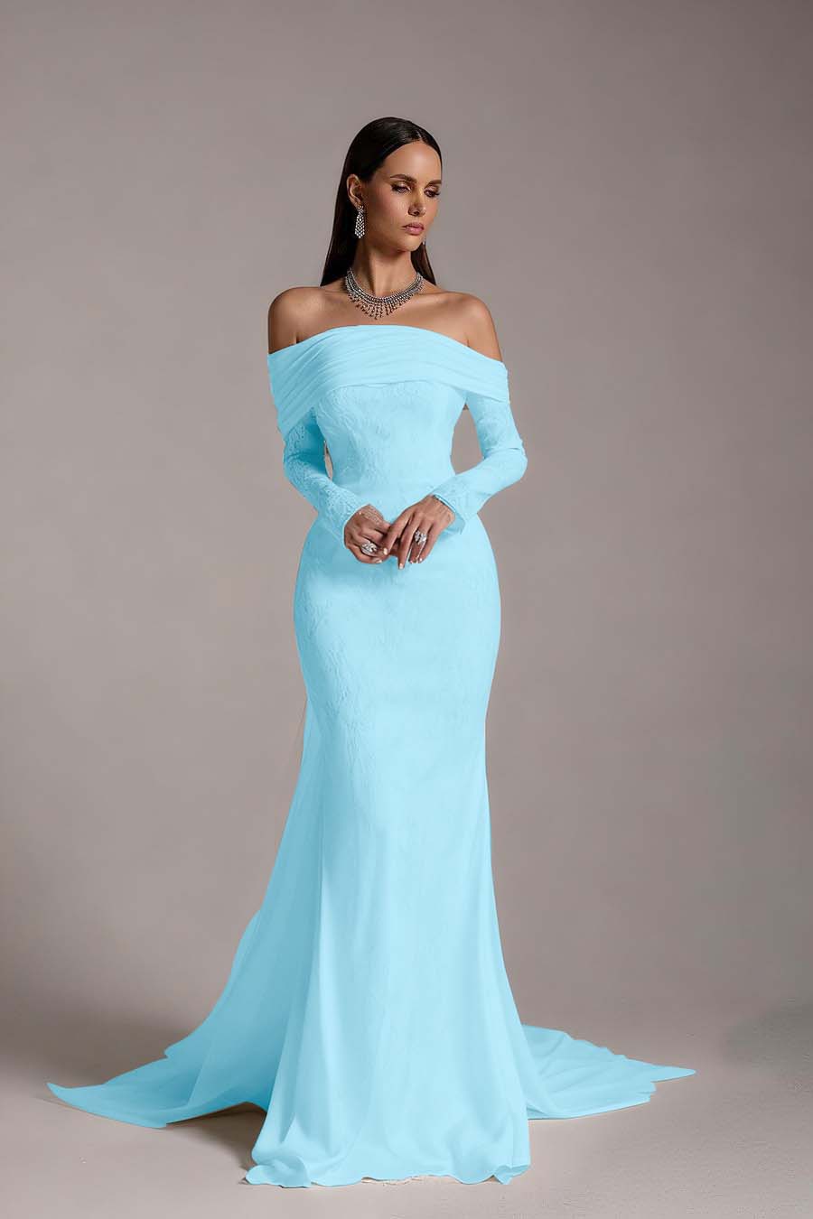 Stunning Prints Off the Shoulder Long Sleeves Mermaid Prom Dress with Pleated