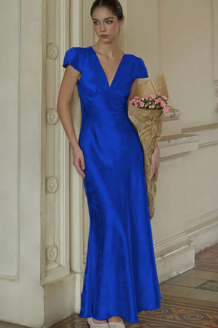 Stunning Silver Satin Sleeveless V Neck Long Prom Dress with Print